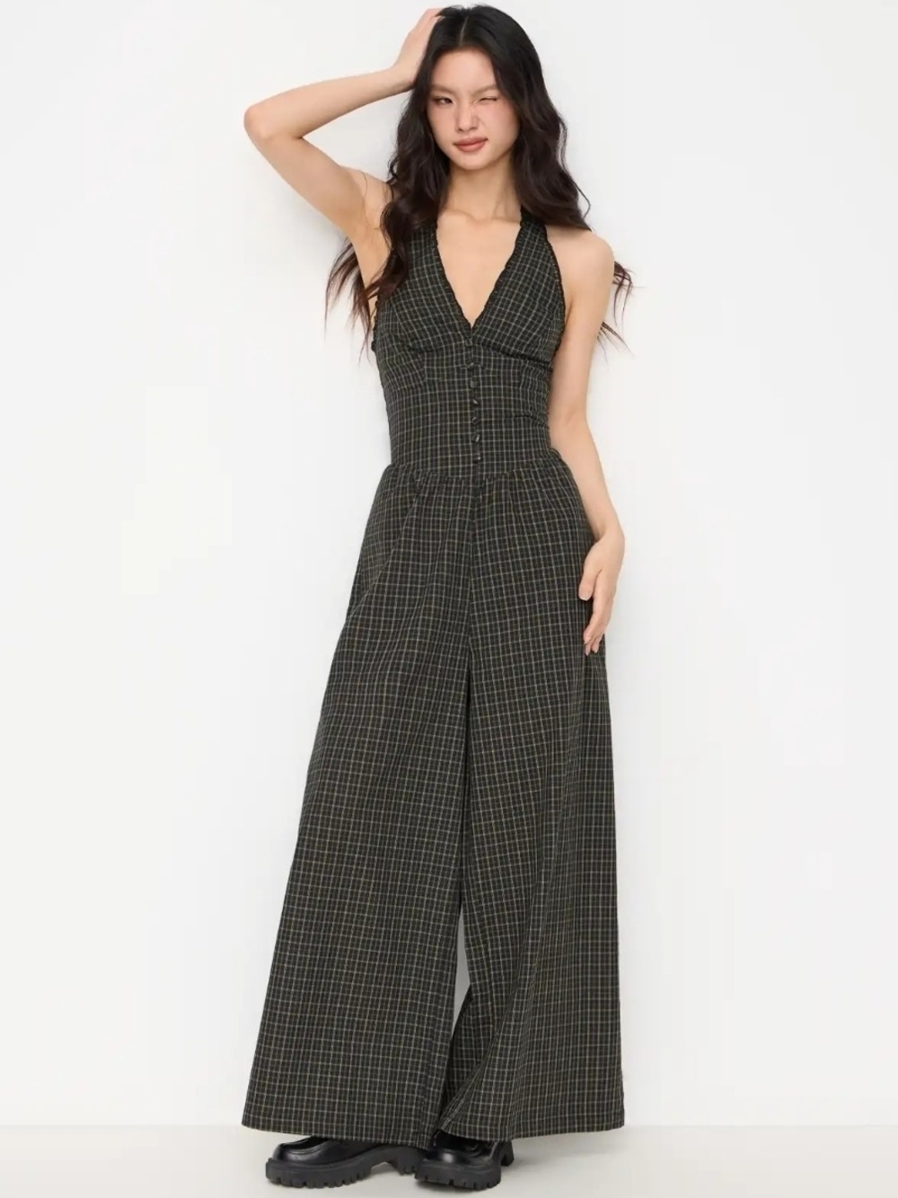 Plaid Halter Wide-Leg Jumpsuit - Black/Olive